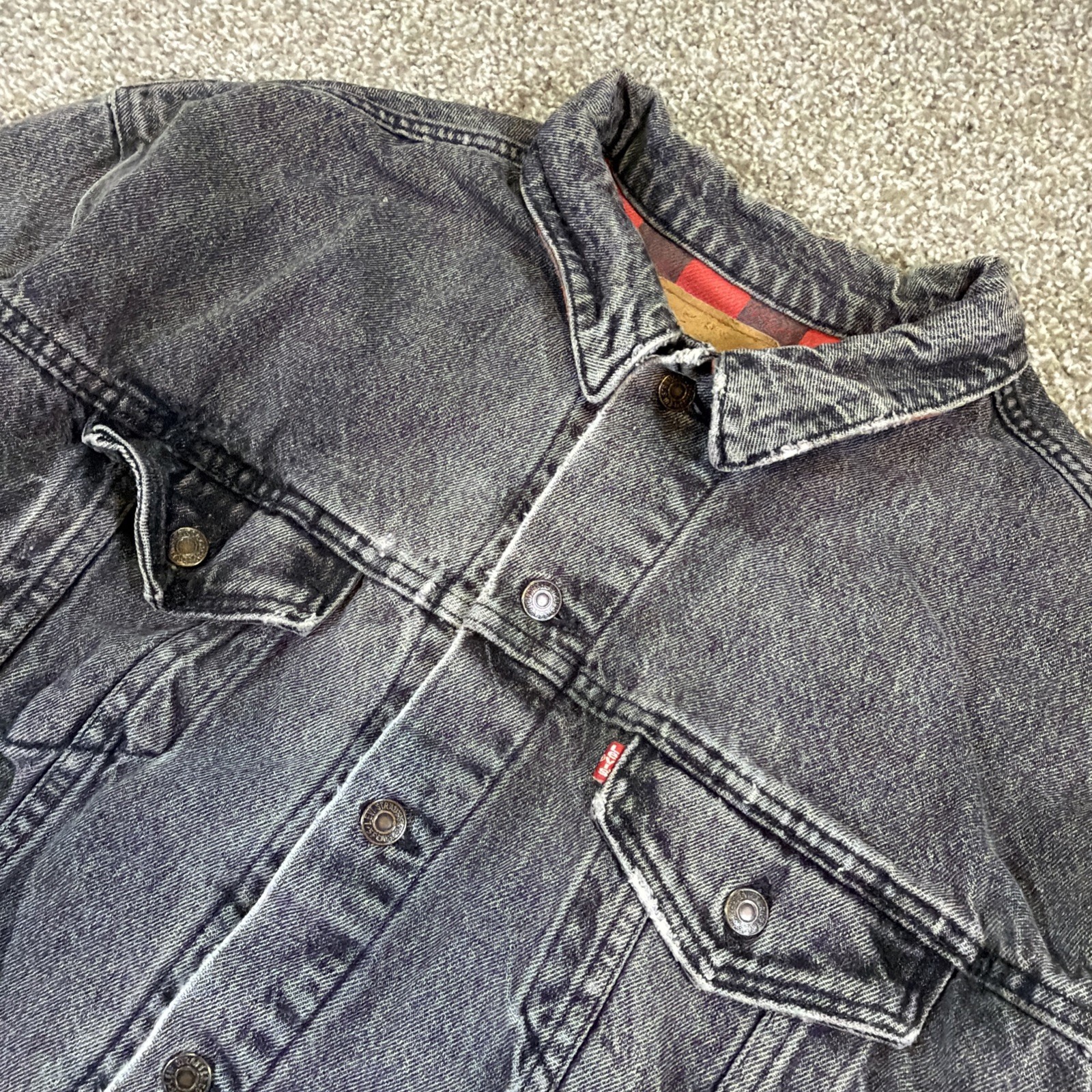 Black Levi Denim Jacket Vintage Flannel Lined Made in USA 80s Size Large Fadeddd thumbnail 4