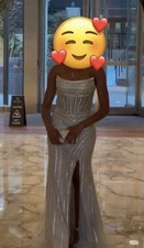 Silver Strapless Formal Gown with Slit, Elegant Evening Dress, Floor Length