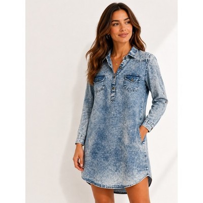 Lee Coooper Acid Wash Denim Shirt Dress Tunic Blue Long Sleeve Size Large