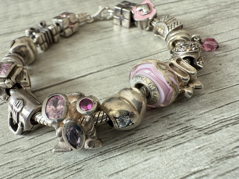 Pulsera CHAMILIA Cargada Plata de Ley Girlie Rosa Murano 15 Cuentas Dije 61g Foto 2 de 4