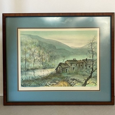 Vintage Jose Rivera Signed Lithograph Rustic Stone Cabin Mountain Landscape Art