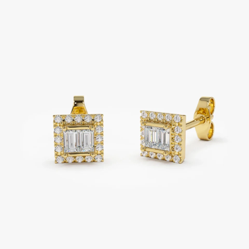 Aretes con racimo de diamantes redondos y baguette naturales de 0,25 quilates de oro amarillo de 10 k Foto 2 de 4