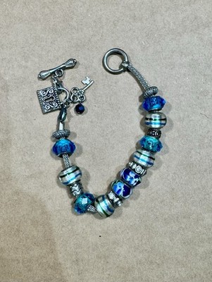 Blue Glass Beaded Charm Bracelet Silver Tone Key & Lock Toggle Clasp