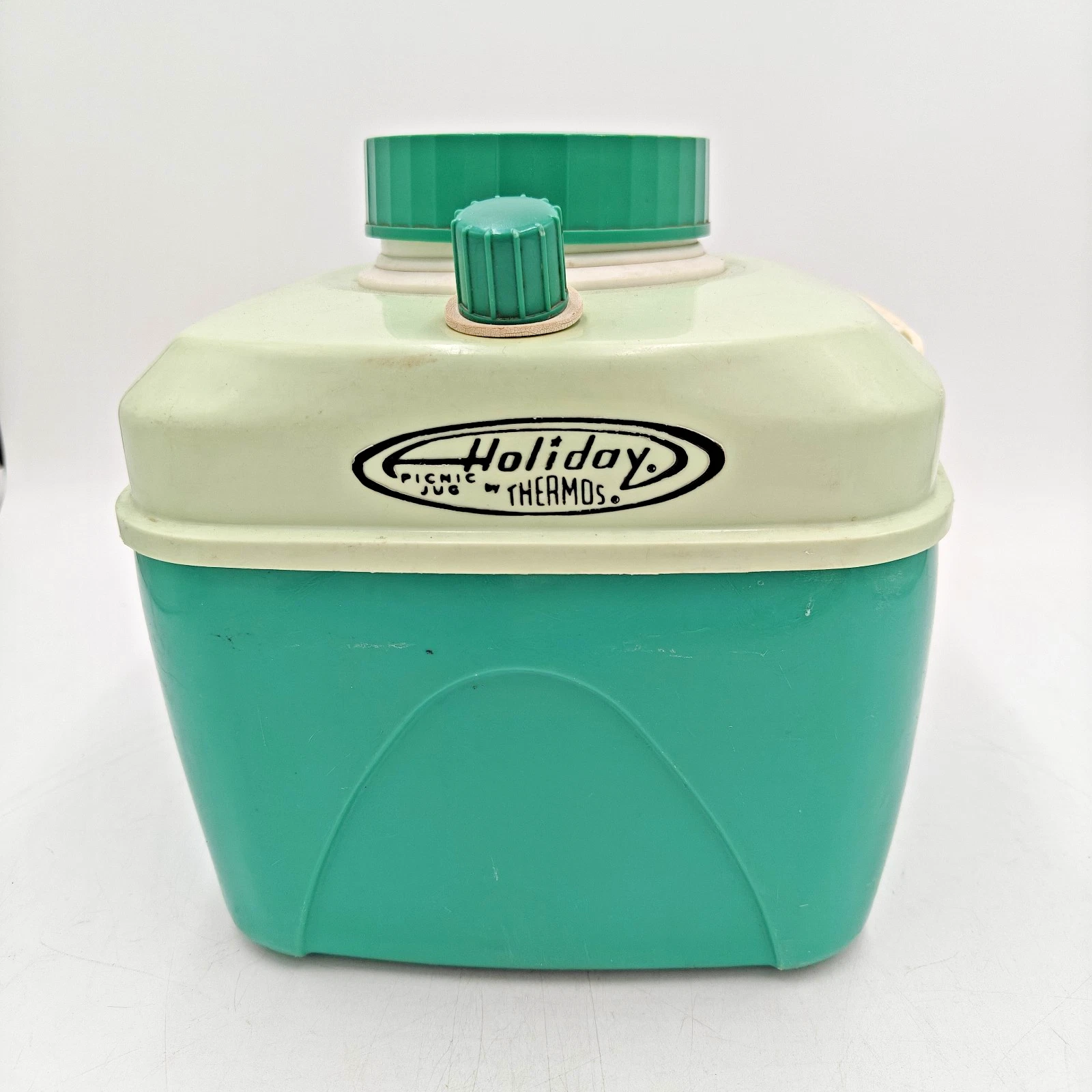 VTG Thermos HOLIDAY Picnic Jug Cooler Aqua & Mint Green 8.5" Square 1 Gal. EUC