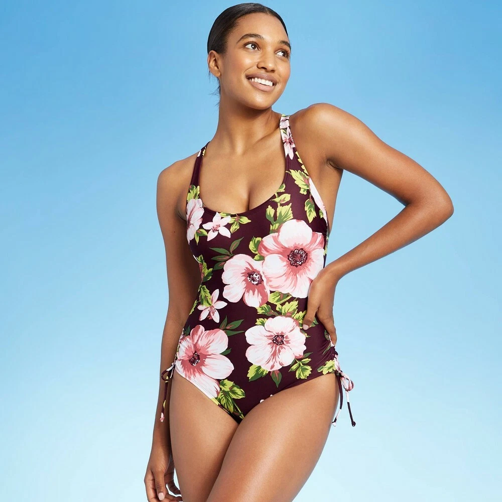 Women's Side-Cinch Classic One Piece Swimsuit - Kona Sol Burgundy Floral  Print S