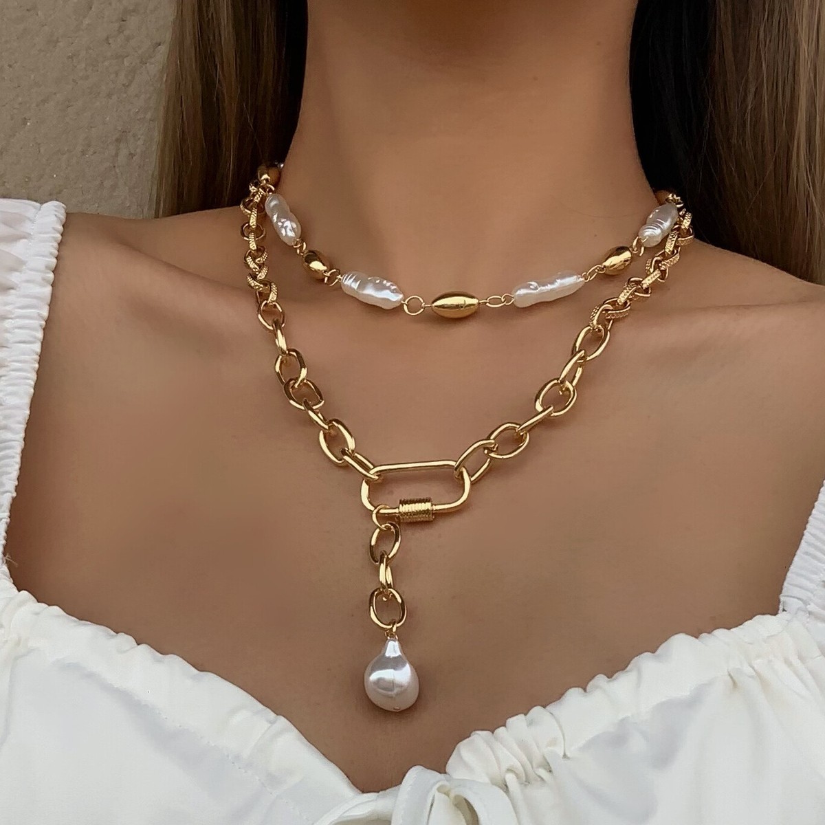 Ladies Gold Plated Chunky Pearl Bead Choker Chain