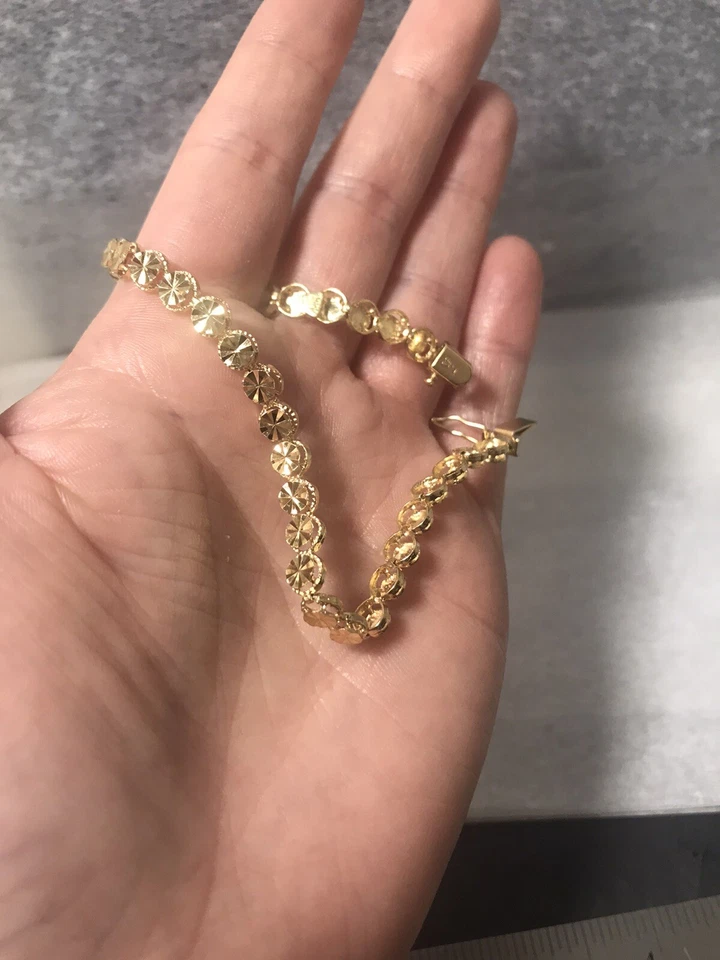 "Brazalete vintage Beverly Hills oro 14k corte diamante floral/estrella eslabón redondo 7,0""" Foto 4 de 4