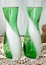 Vintage Art Glass Bud Vase Green White Swirl Bud Vases - Set of (2) 6x2" 70's