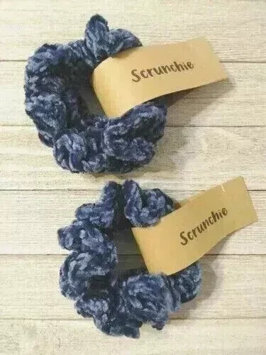 crochet handmade hair scrunchies velvet pony tail holder navy blue 2pc set new