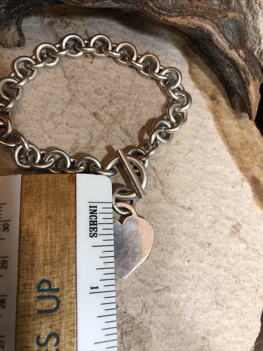 Vintage 925 Sterling Silver Link Toggle clasp Heart Charm Bracelet