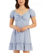 BCX Dress Women's Size Juniors Blue Floral Printed Twist-Front A-Line Size XXS