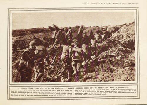 1916 WWI WW1 PRINT VERDUN FRENCH SOLDIERS RENEWING WIRE ENTANGLEMENTS - Photo 1 sur 4