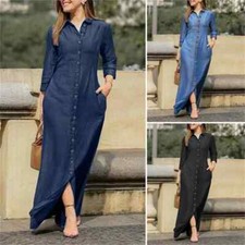 Women's Denim Dress Casual Shirt Collar Pocket Long Sleeve Solid Color Maxi Long