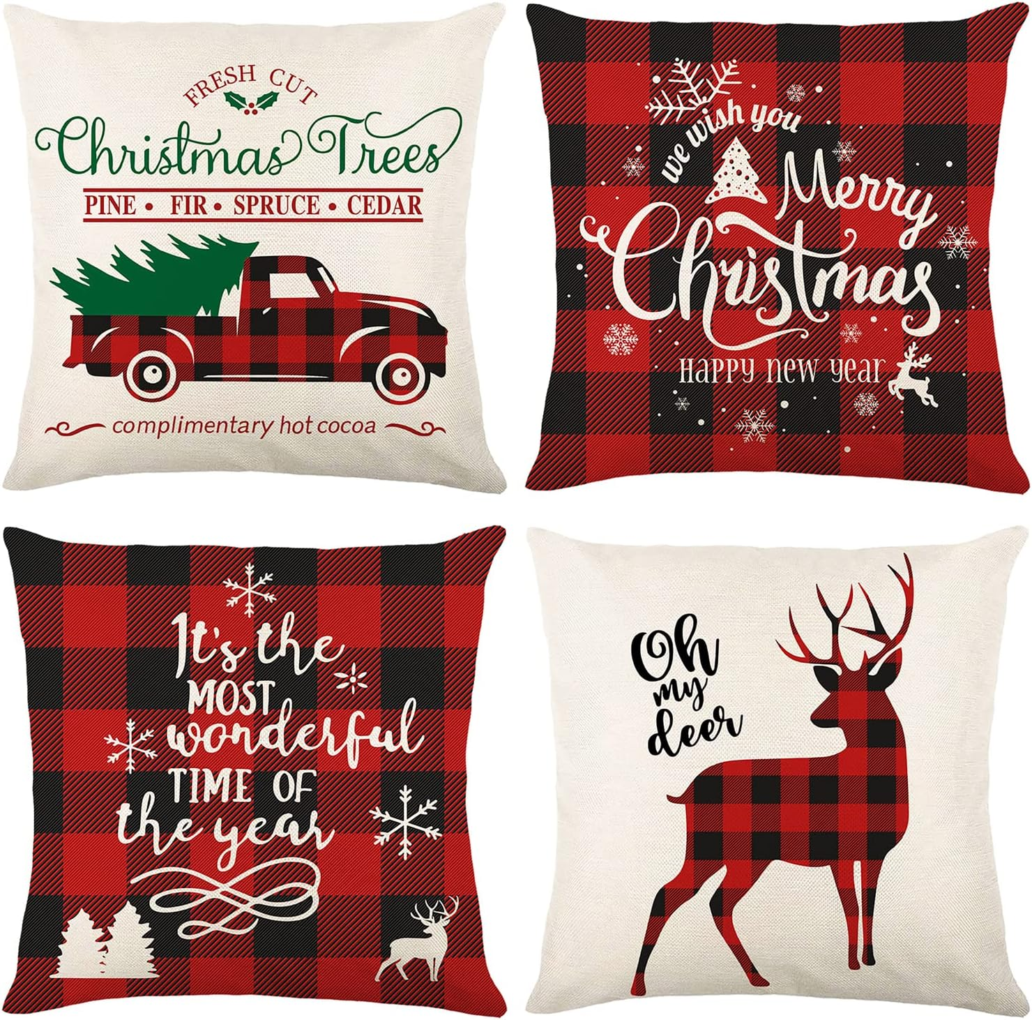 Christmas Holiday Deer Plaid Pillow Covers 18x18 Farmhouse Decor Red Black Buffalo Check-image