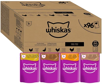 WHISKAS 7+ SENIOR Katzenfutter Nassfutter 4 Sorten Geflügel in Sauce 96 x 85g
