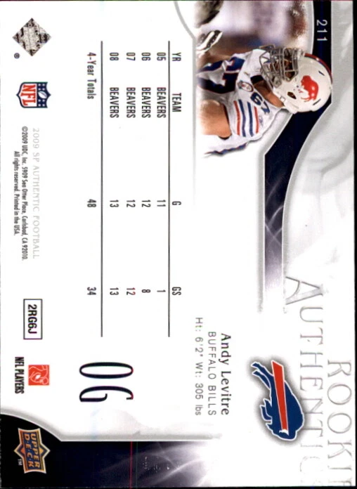 A1642- 2009 SP Authentic #211 Andy Levitre RC /999 SAMPLE PIC - Image 2 of 2