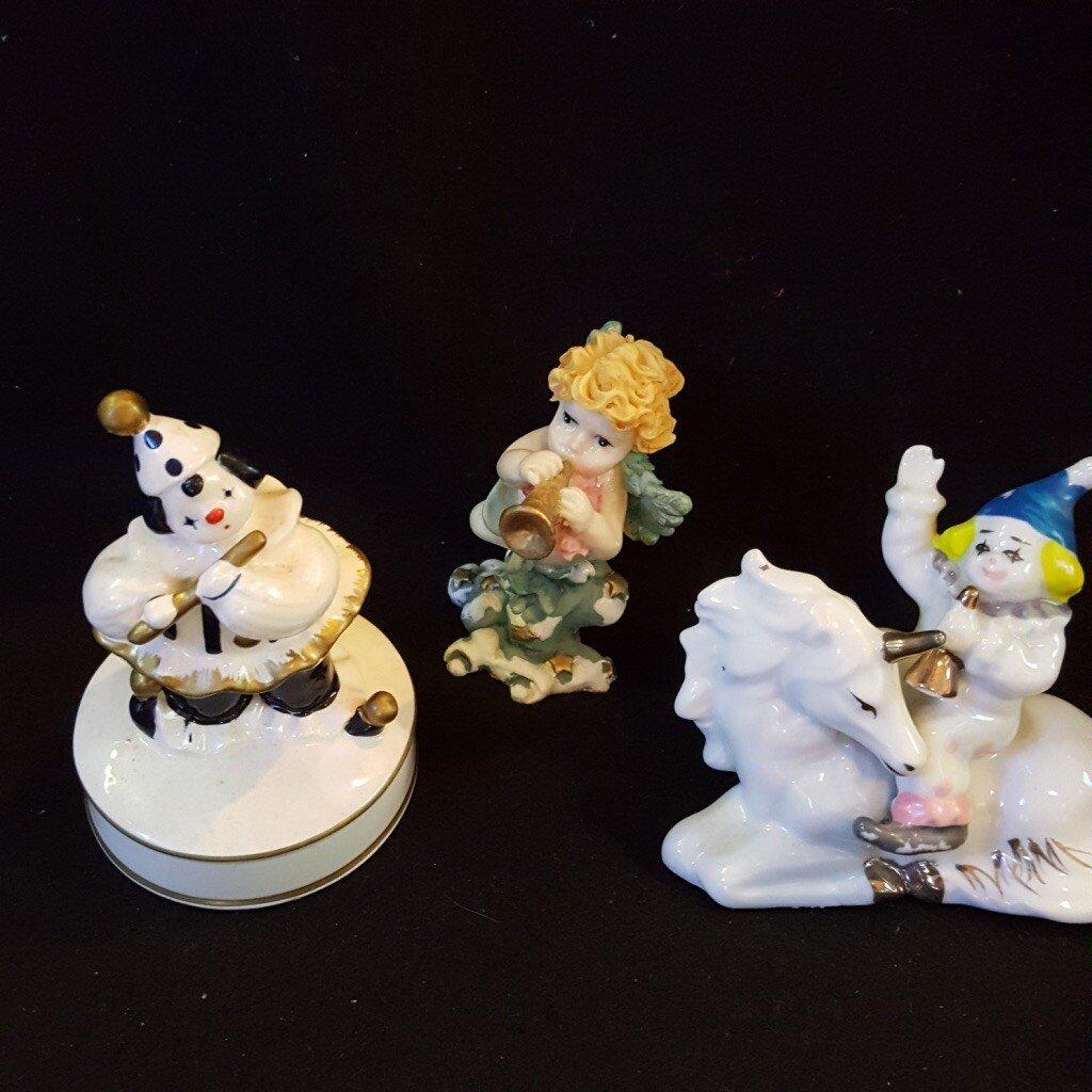 Perot Clown Music Box Riding Unicorn Angel Figurine Playing Flute White Lot 3 Ebay