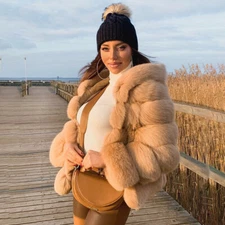 Fashion Women Natural Real Fox Fur Coats Warm Short Jacket Overcoat with hood