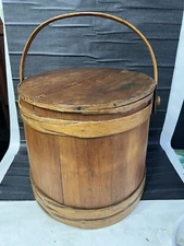 Large Antique 19th Century Primitive Wooden Firkin Sugar Bucket Bail Basket