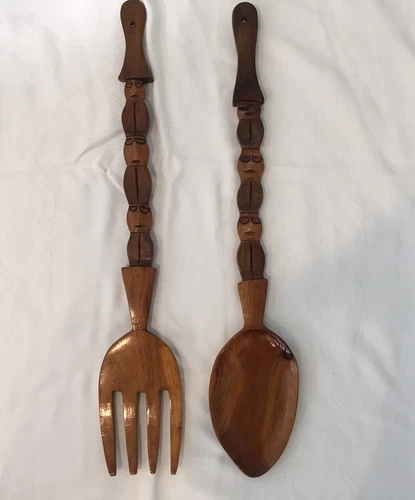 Cottagecore Lg Wooden Spoon and Fork Set Tiki Bar Totem Teak Wall Hanging 26”