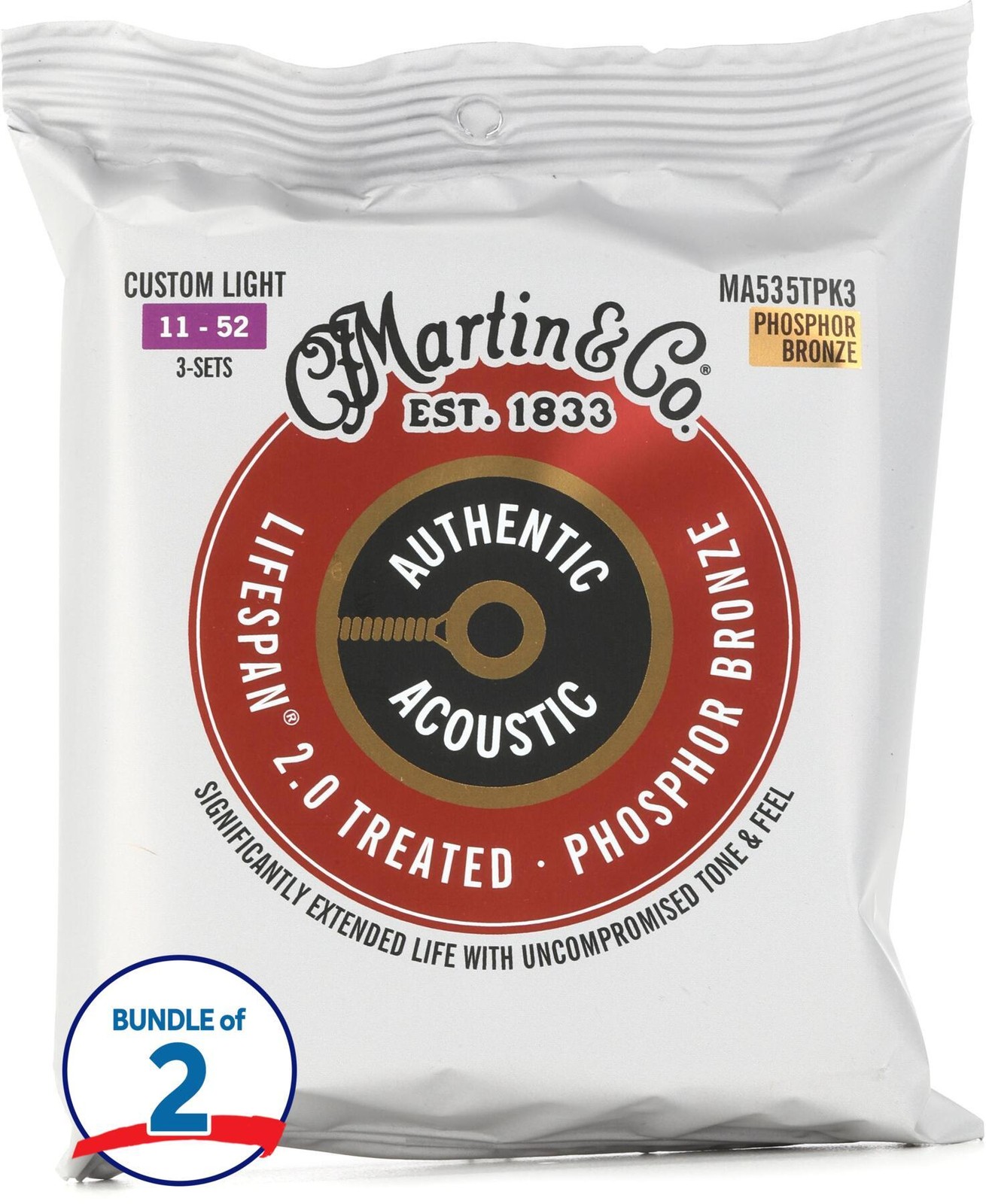 Струны для акустической гитары Martin MA535T из люминофорной бронзы Authentic Lifespan 2.0 (6
