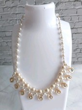 Gold Tone Faux Pearl Necklace Leaf Drops Aurora Boralis Stones 16" VGC Wedding