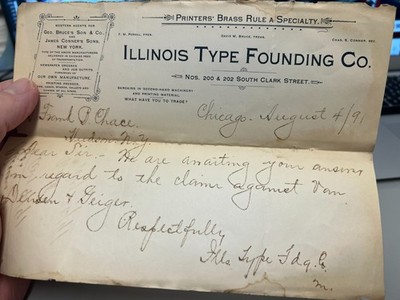 1891 Illinois Type Founding Co Chicago to Hudson NY Handwritten Letter