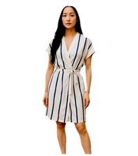 Equipment Femme Striped Wrap Dress White Blue Elegant Satin Minimalist Sz XXS