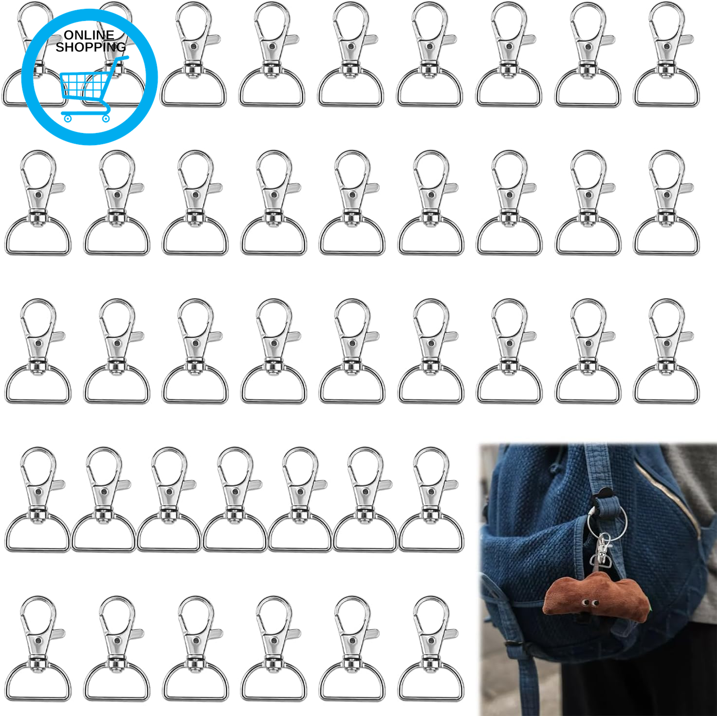 40 PCS Lobster Clasps, with Large Size 2.5Cm D Rings, 360° Swivel Trigger Snap H
