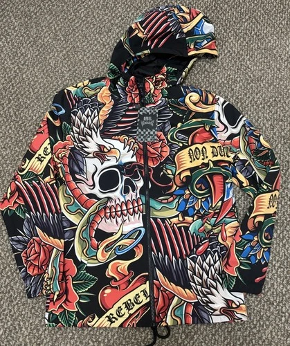 Rebel Vengeance Windbreaker Hoodie Mens Medium Skulls Roses All Over Print NEW - product listing photo