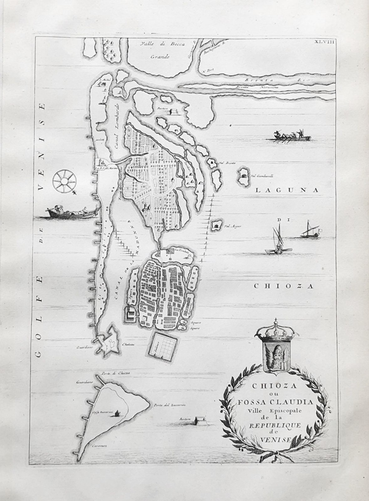 Chioggia Veneto mappa carta incisione acquaforte incisione Blue Mortier