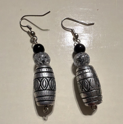 Silver Tone Barrel Bead Dangle/Drop Earrings, Hook Closure, Black Clear Glass