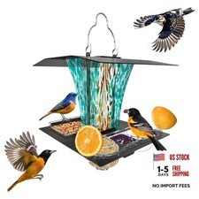 6-in-1 Solar Bird Feeder with RGB String Lights, Hand Blown Glass, 2 Teal