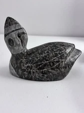 Inuit Soapstone Bird Carving Signed w/ Inlaid Eyes, Hand-Carved Arctic Sculpture