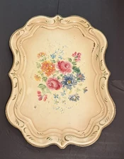 Vintage MCM Large Toleware Metal Tray~Cream w/Hand Painted Flowers 26.5”x 19.5”