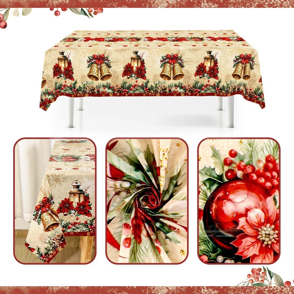 Christmas Disposable Tablecloth Gold Bells & Poinsettias 87"×51" New  - Image 2 of 3