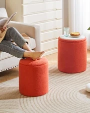  Storage Ottoman Set of 2 Round Ottoman for Dorm Fleece Vanity Fleece-orange