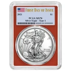 2021 $1 Type 1 American Silver Eagle PCGS MS70 FDOI Flag Label Red Frame
