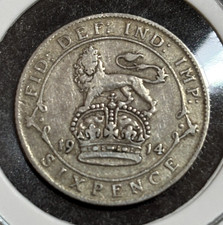 UK 1914, 6 Pence Sixpence - George V 1st coinage .925 Sterling Silver Coin