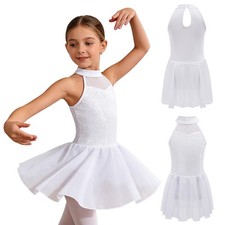 Girls Leotard Mesh Patchwork Dress Competition Dancewear Shiny Costume Themem