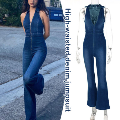 Women Denim Jumpsuit Zipper Sleeveless V-neck High Waist