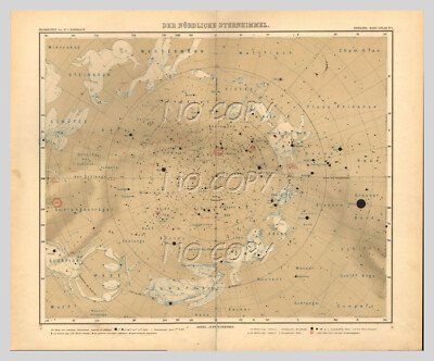 STIELER 1909 KARTE MAP SPHèRE CéLESTE NORD / NORTHEN HEAVENS / STELATO BOREALE
