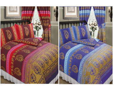 Double King Super Kashmir Red Fuschia Blue Flowers Duvet Cover Set