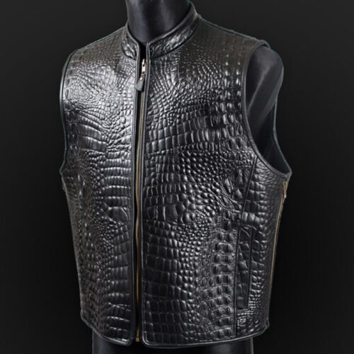 New Men's Alligator Embossed Motorcycle Style Biker Real 3mm Thick Leather Vest - Picture 1 of 3