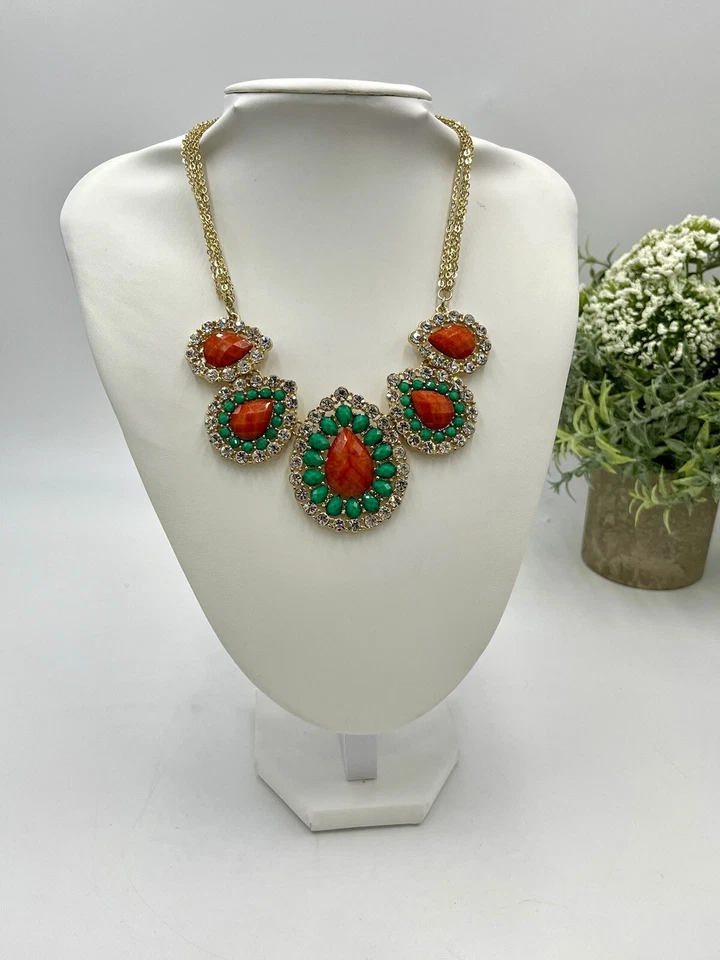 Amrita Singh Avery Austrian Orange & Green Crystal Gold Tone Statement Necklace - Image 2 of 4