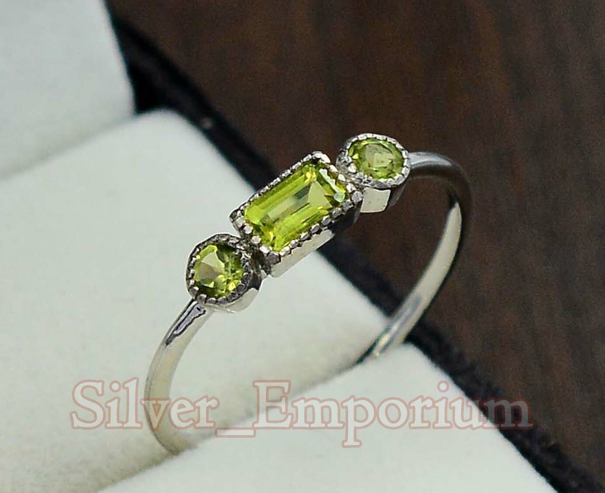 Natural Peridot 5x3 MM Baguette 925 Sterling Silver August Birthstone Women  Ring