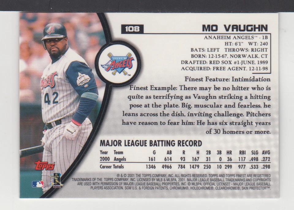MO VAUGHN - MLB - 2001 - TOPPS FINEST - CARD No # 108 - Image 2 of 2