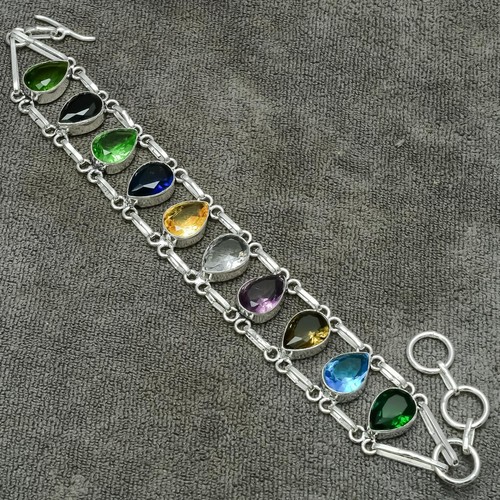 Multi Stone Gemstone 925 Sterling Silver Handmade Jewelry Bracelet 7-8" - Picture 2 of 8