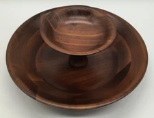 Vintage Vermillion Walnut 2-Tier Snack Chip and Dip Tray Bowl 11.5"