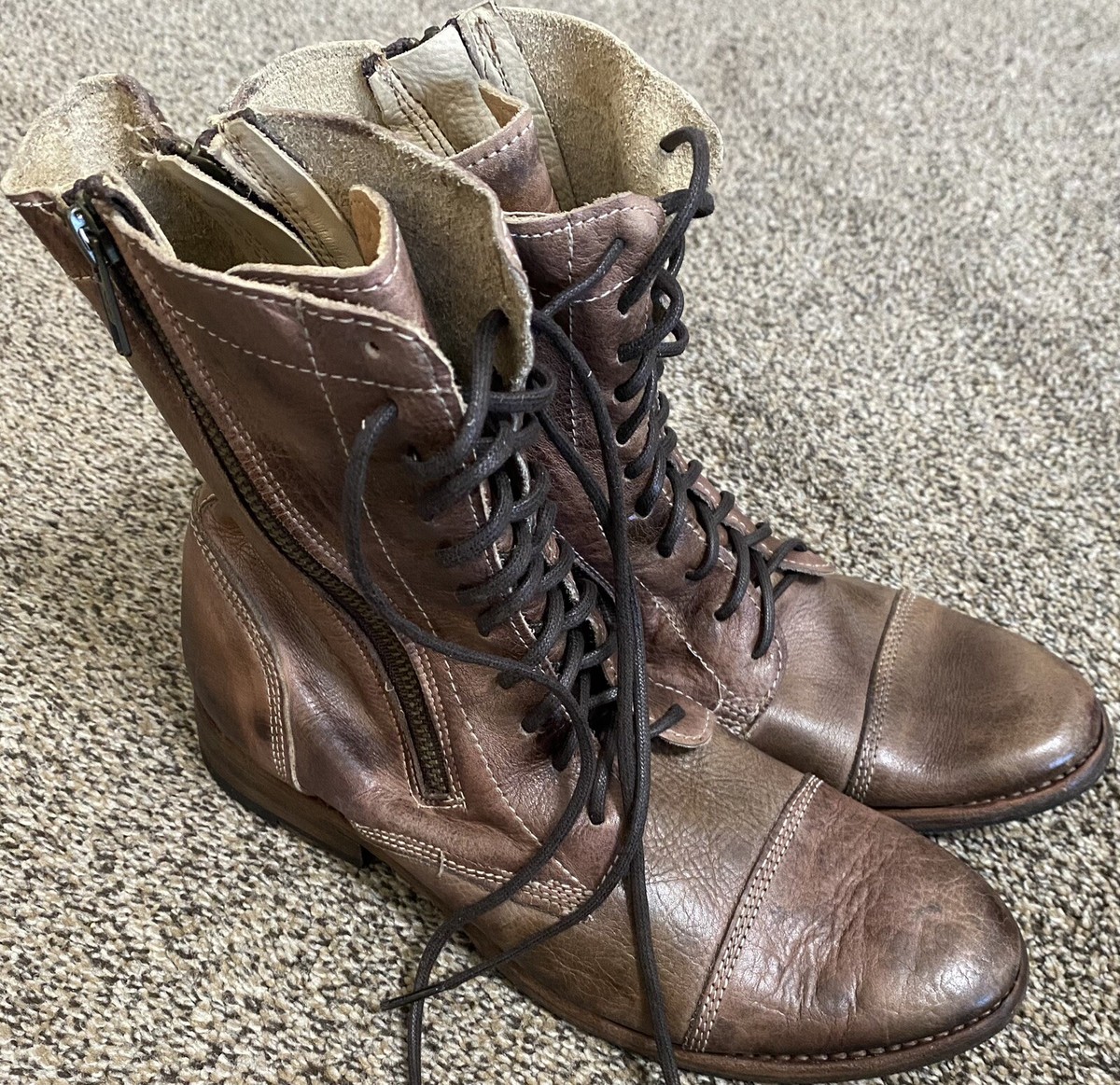 BED STU Double Zip Leather Boots Lace Up Brown Size 8 Bench  display picture 3